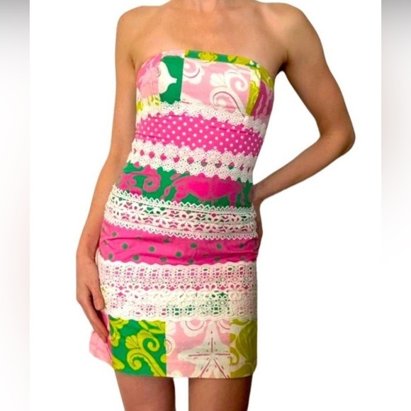 Lilly Pulitzer Strapless Floral SZ 0 Pink and Green Mini Dress for Vibrant Style - Picture 1 of 14